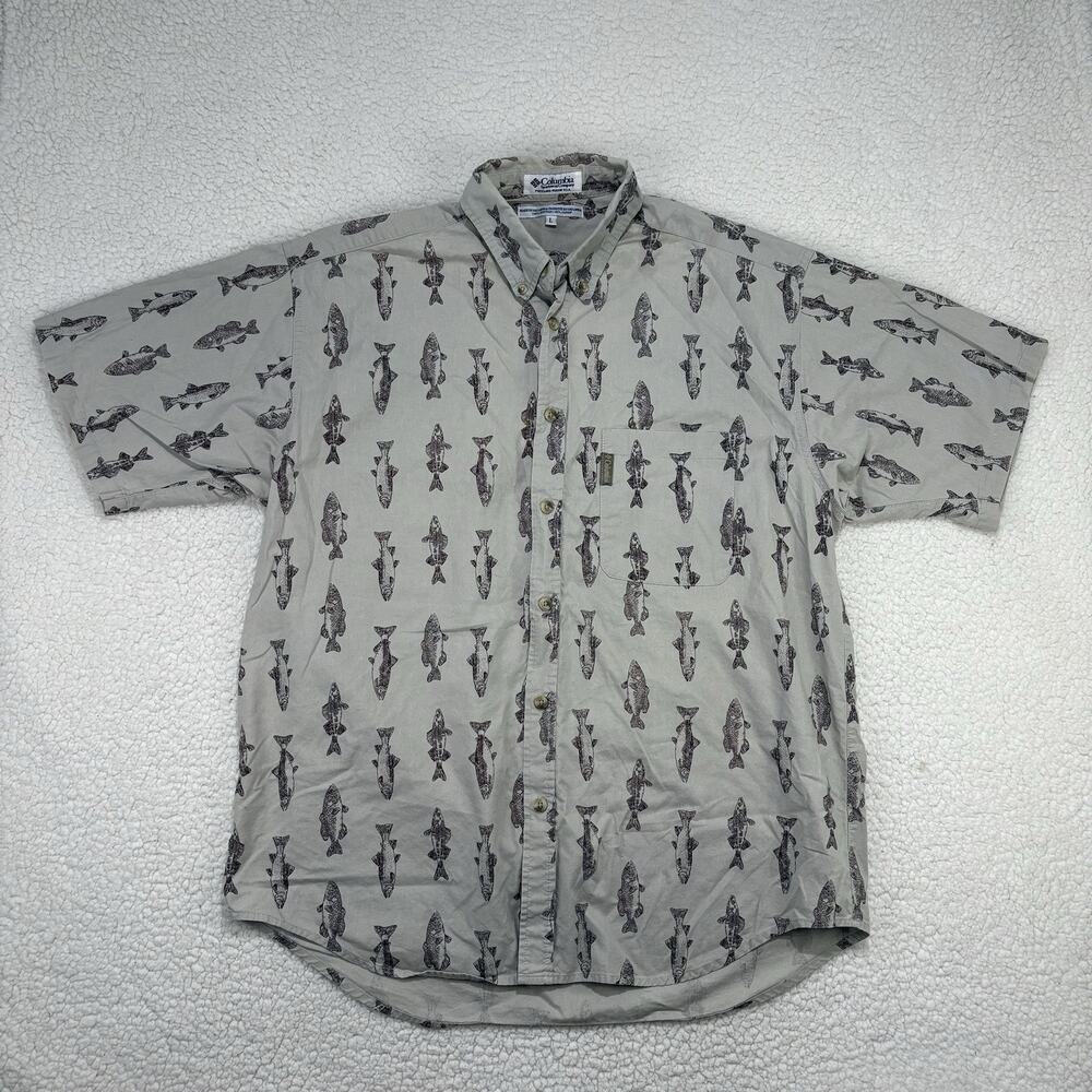 Vintage Columbia Button Down Shirt Mens Large Fly Fishing Lures‎ All Over Print